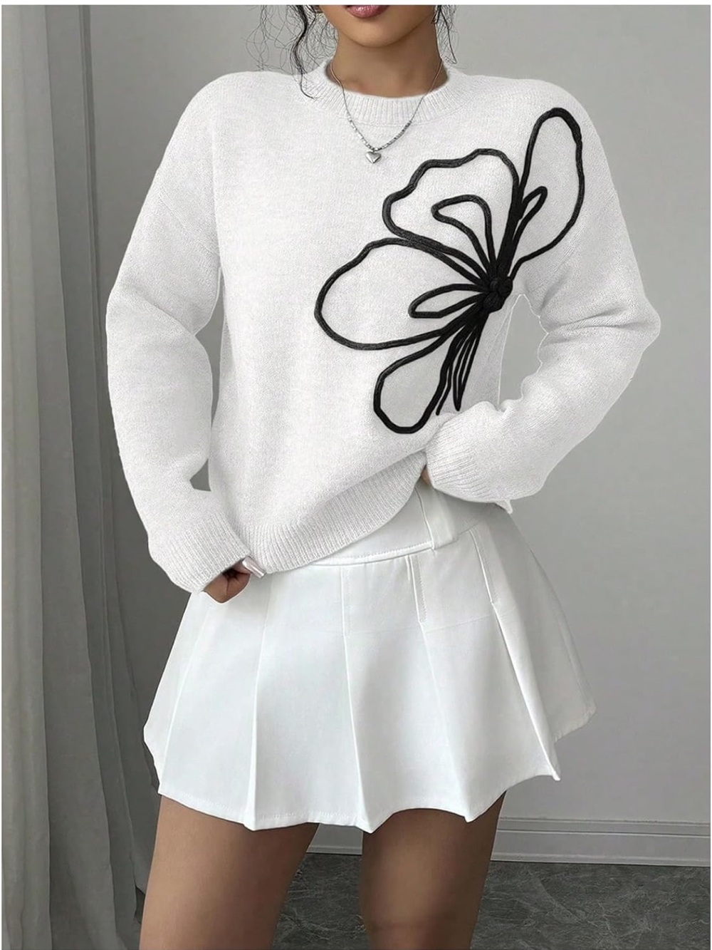 RoseSeek Beautiful Cream Crew Neck Black Floral Pattern Sweater!
